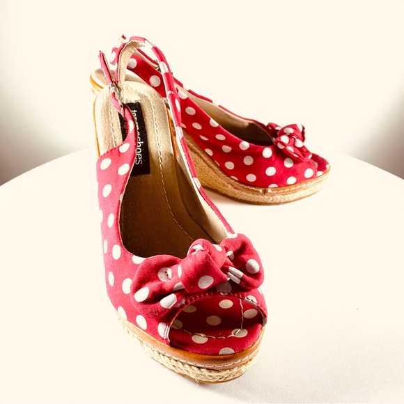 Town Shoes Shoes - Townshoes Red and White Polka-Dot Bow Espadrille Sling-Back Wedge Sandals Sz7